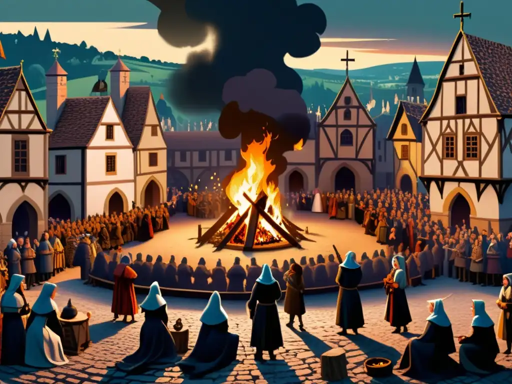Un bullicioso pueblo medieval acusando a supuestas brujas en una plaza, reflejando la compleja filosofía medieval sobre la brujería y la superstición
