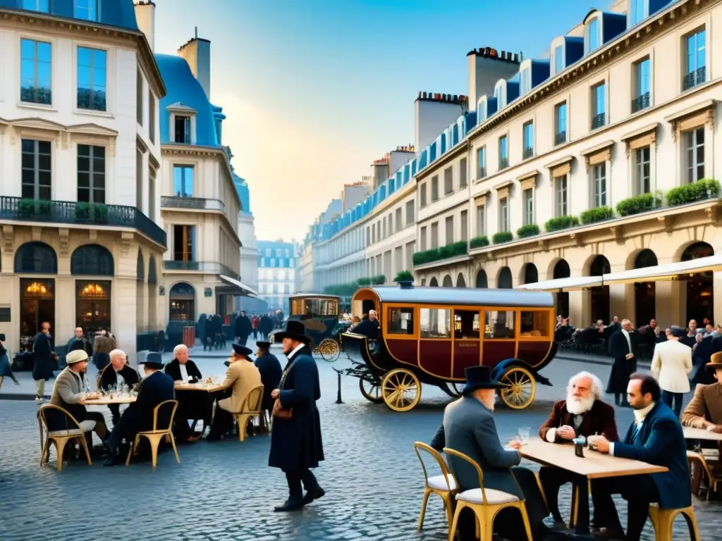 Un bullicioso París del siglo XVIII, escenario de debates filosóficos en cafés, carros elegantes y edificios grandiosos