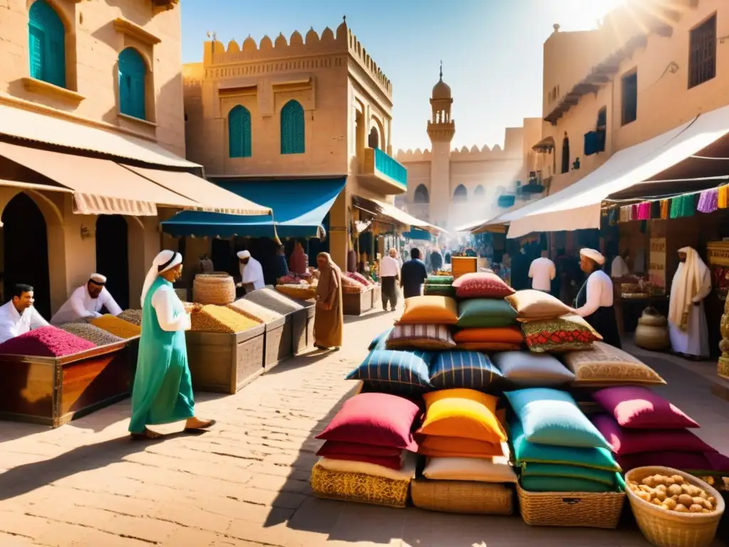 Un bullicioso zoco en una ciudad del Medio Oriente, con mercaderes vendiendo textiles coloridos, especias y productos artesanales