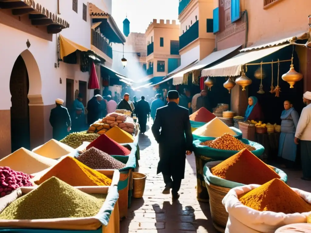 Un bullicioso zoco en una medina marroquí, con vendedores ofreciendo especias, textiles y cerámica