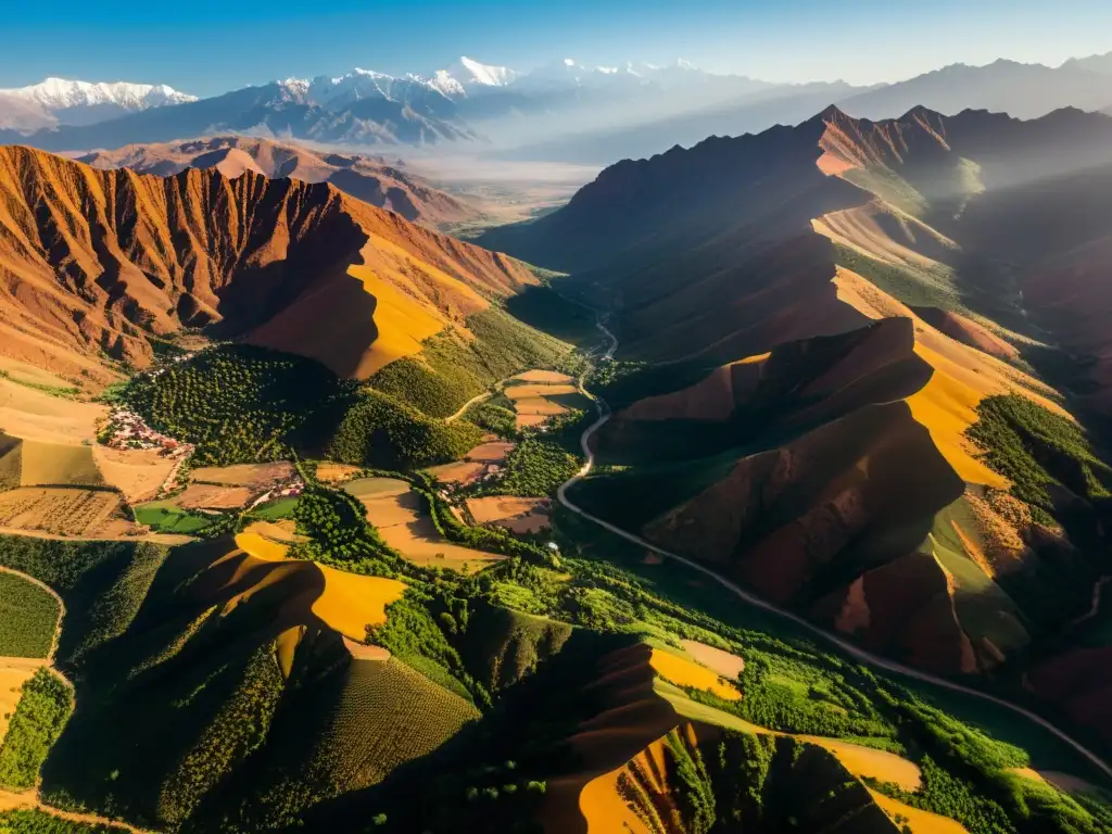 Búsqueda de conocimiento filosofía bereber: Atardecer dorado sobre las montañas del Atlas en Marruecos, con aldeas entre picos y valles