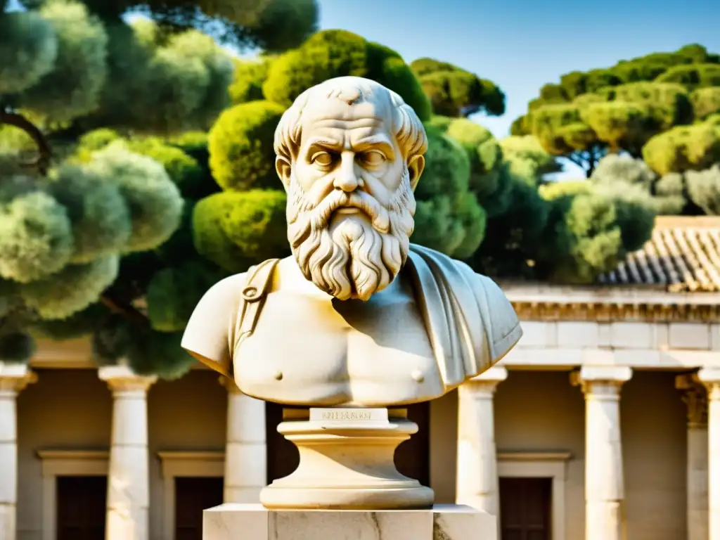 Busto de mármol de Platón en una academia griega, rodeado de olivos y columnas, evocando sabiduría y enseñanzas atemporales