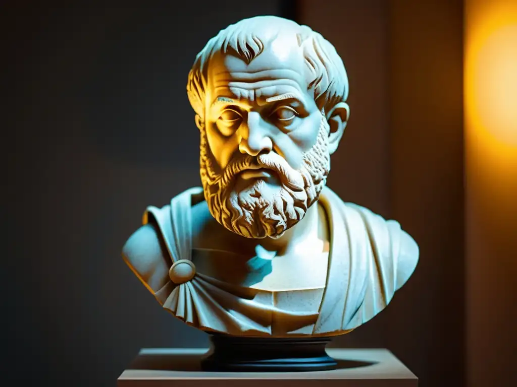 Busto de Aristóteles en una habitación cálidamente iluminada, mostrando sus detalles y expresión reflexiva