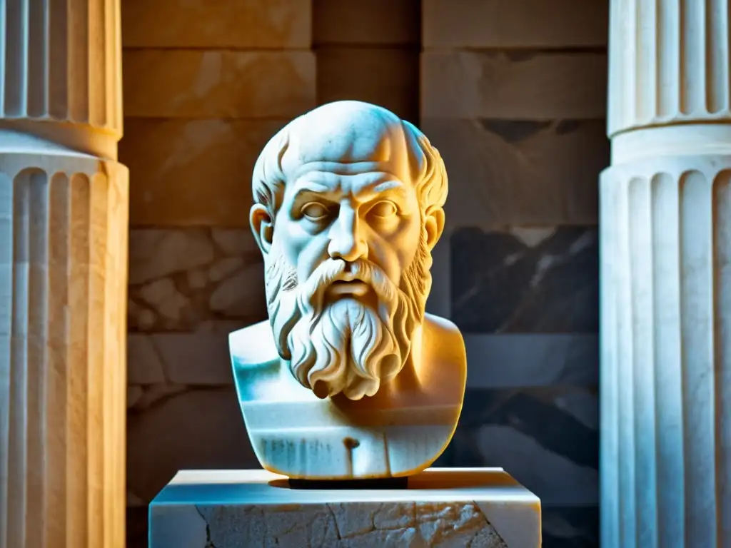 Busto de mármol de Platón: legado filosófico y belleza atemporal Busto de mármol de Platón con detalles faciales, enmarcado en arquitectura griega antigua