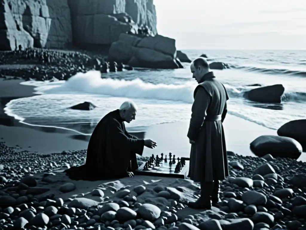 Un caballero juega ajedrez con la muerte en la playa rocosa
