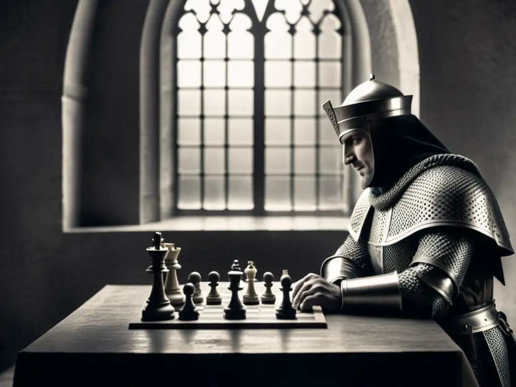 Un caballero medieval juega ajedrez con una figura misteriosa bajo la luz de una ventana gótica