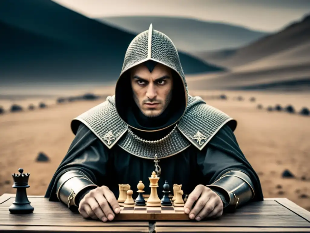 Un caballero medieval juega ajedrez con una figura misteriosa en un paisaje desolado, evocando Reflexiones sobre la Muerte y la Fe