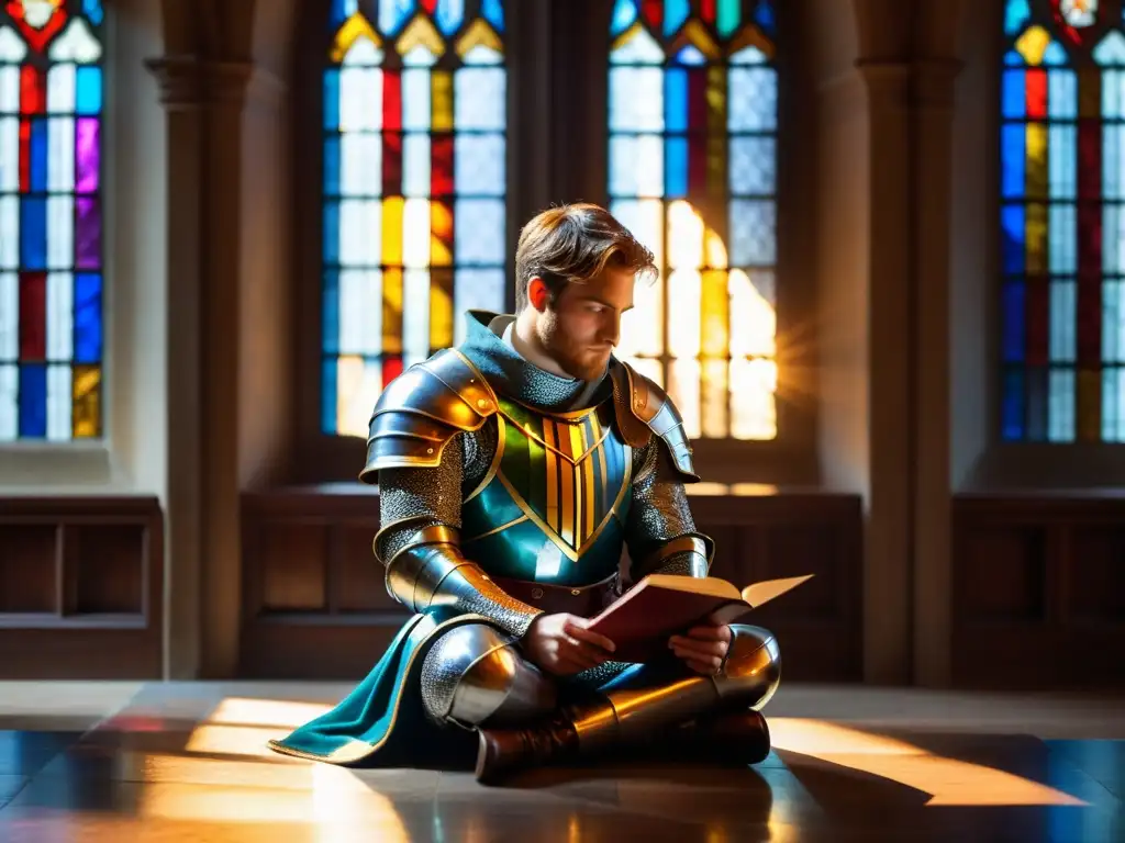 Un caballero medieval en contemplación, sosteniendo una pluma y una espada, rodeado de libros antiguos en un gran salón