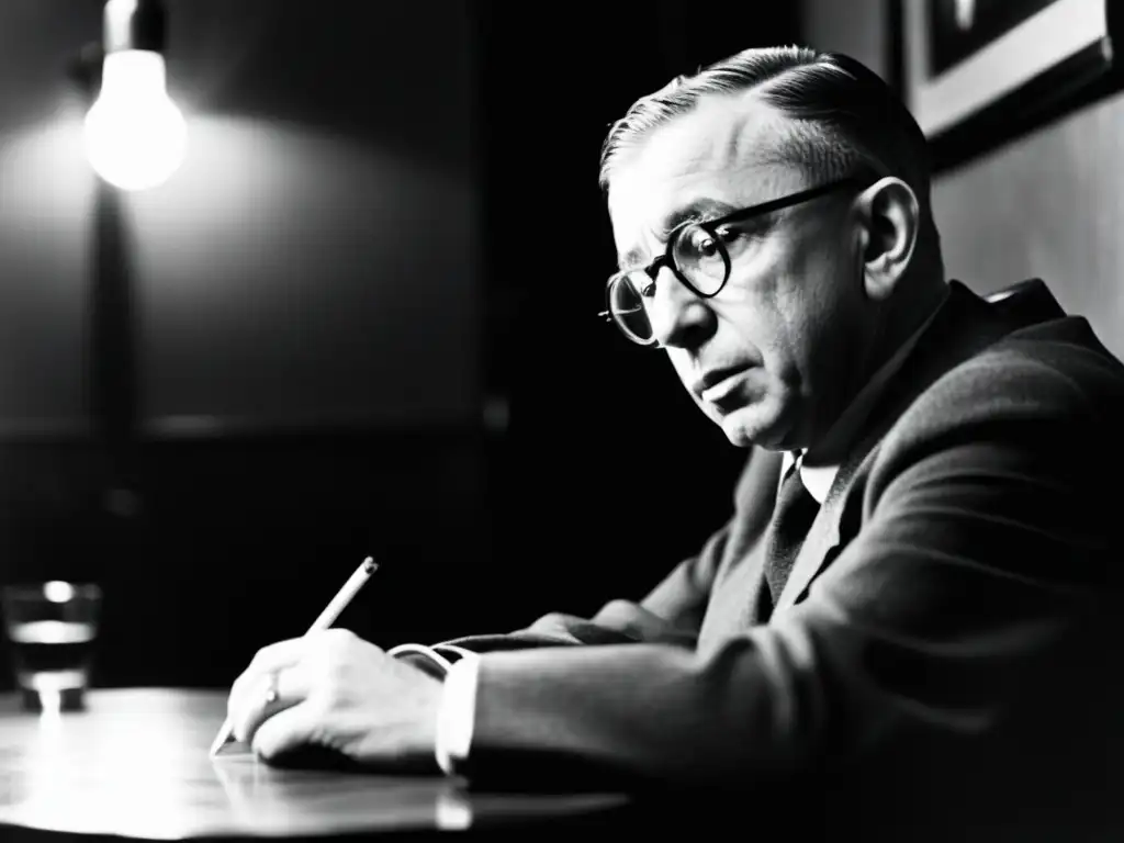 Jean-Paul Sartre reflexiona en un café, transmitiendo autenticidad en el liderazgo existencialista