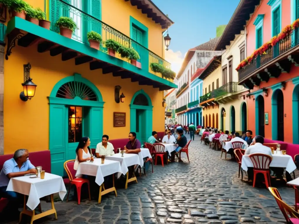 Un café bullicioso en una ciudad histórica de América Latina, con arquitectura vibrante y locales inmersos en animadas conversaciones filosóficas