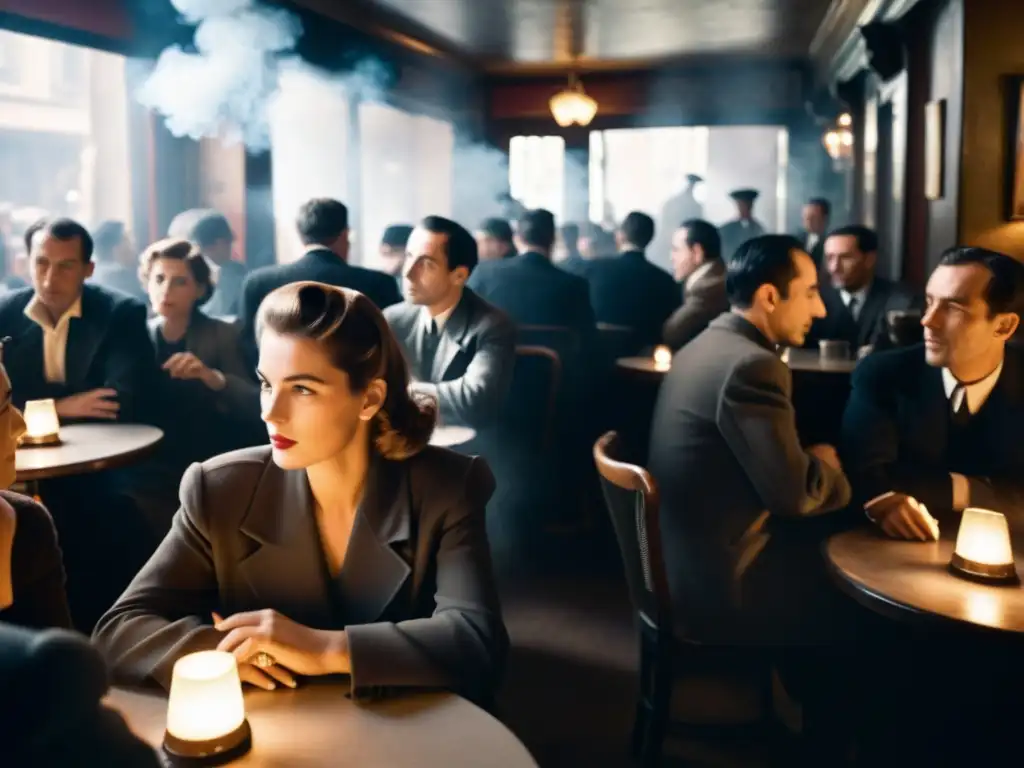 Un café parisino abarrotado en los años 40, con clientes inmersos en discusiones apasionadas, envueltos en humo y atmósfera existencialista