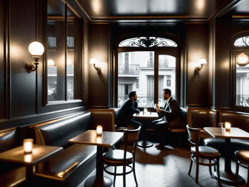 Un café parisino con una atmósfera misteriosa y existencial, donde los clientes se sumergen en profundas conversaciones, creando un ambiente de introspección y reflexión