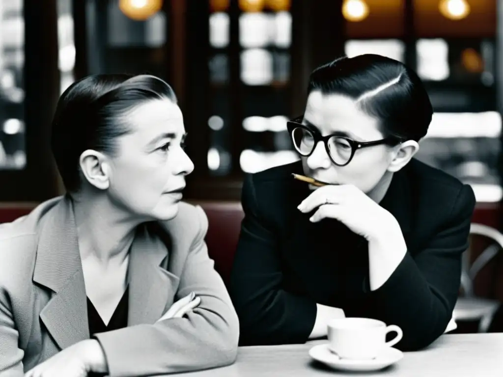 Jean-Paul Sartre y Simone de Beauvoir discuten apasionadamente en un café parisino, evocando el existencialismo y la libertad individual