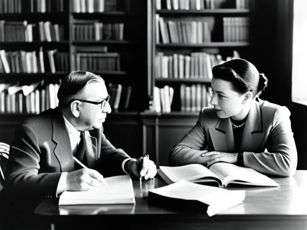 Jean-Paul Sartre y Simone de Beauvoir conversan en un café parisino, rodeados de libros y papeles