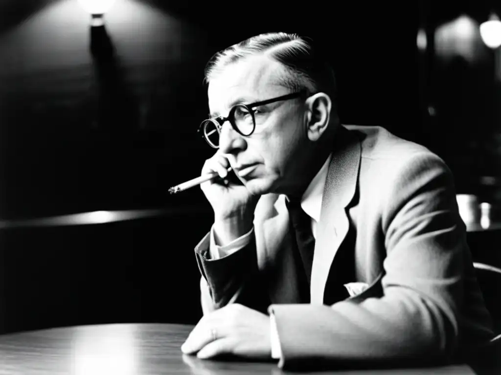Pensamiento Existencial: Jean-Paul Sartre en Café Jean-Paul Sartre reflexiona profundamente en un café, rodeado de libros y atmósfera filosófica