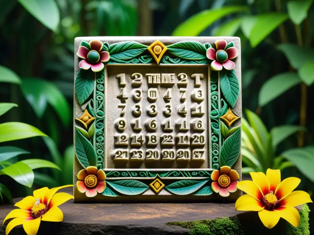 Calendario de piedra mesoamericano en la selva, con símbolos detallados y exuberante vegetación