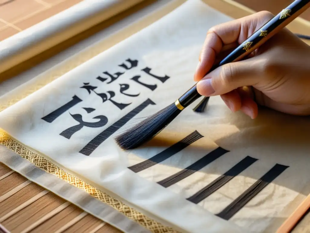 Un calígrafo taoísta crea con elegancia sobre papel de arroz, sosteniendo un pincel chino cargado de tinta