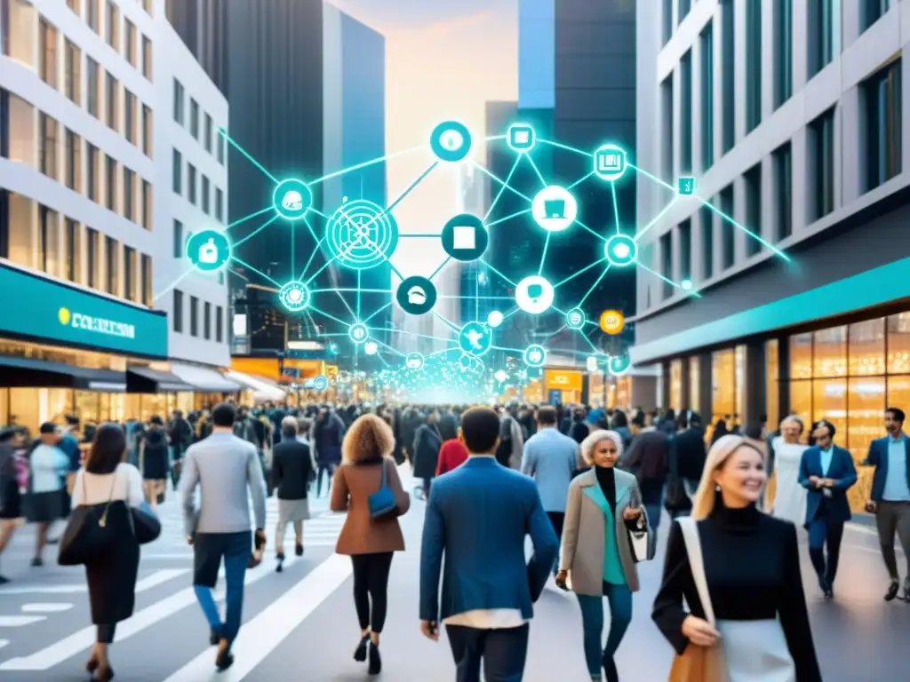 Una calle bulliciosa de la ciudad con gente y una red de blockchain superpuesta, simbolizando la interacción entre lo tradicional y la tecnología