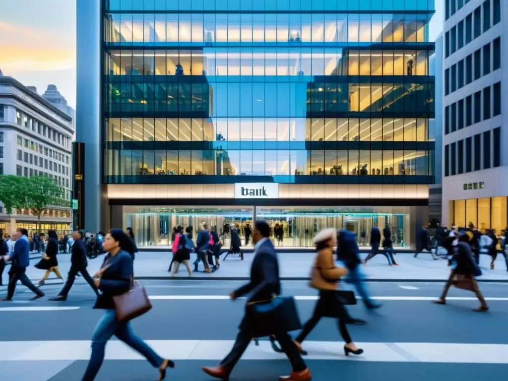 Una calle bulliciosa de la ciudad con un moderno edificio bancario, reflejando principios éticos para banca responsable en la sociedad urbana