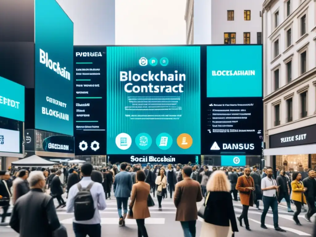 Una calle bulliciosa de la ciudad con pantallas digitales mostrando transacciones blockchain, contrastando con imágenes históricas de teóricos del contrato social