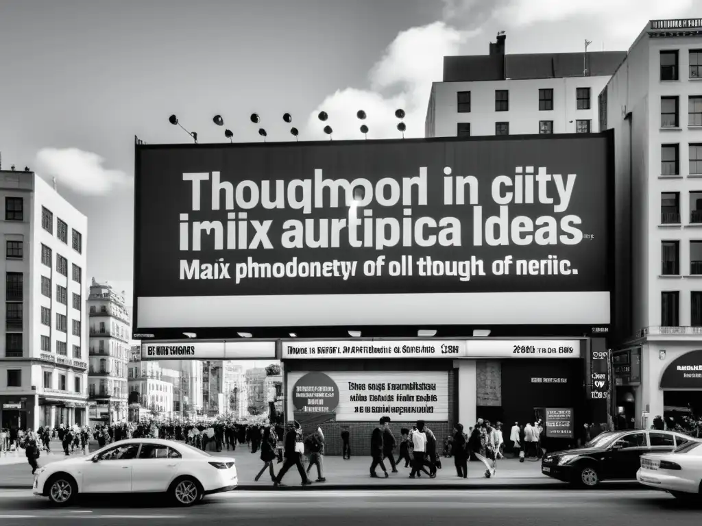 Una calle de la ciudad abarrotada con arquitectura moderna y antigua, y un gran cartel con una cita sobre la ironía en la filosofía postmoderna