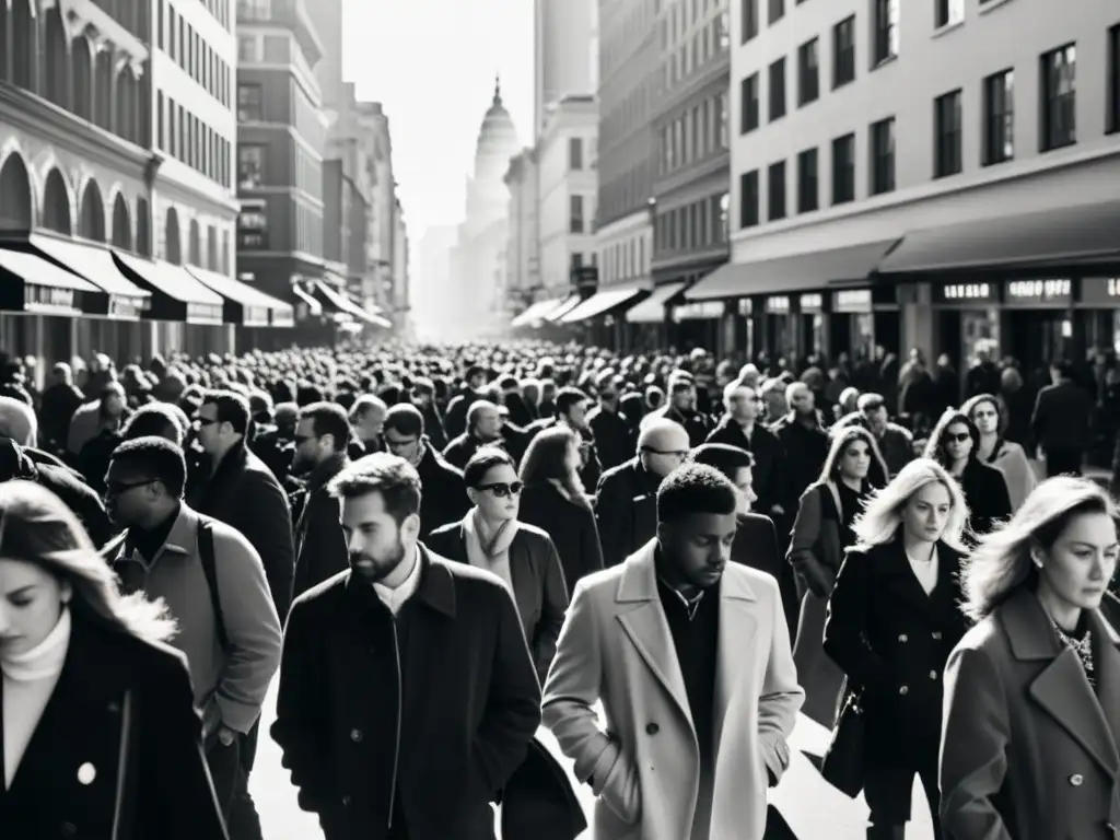 Una calle de ciudad llena de gente en blanco y negro, reflejando la búsqueda de autenticidad en el liderazgo existencialista