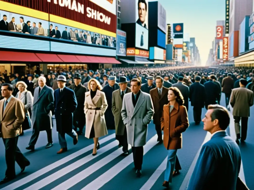 Una calle de ciudad llena de vida capturando la atmósfera de control social y libertad individual en la filosofía de The Truman Show
