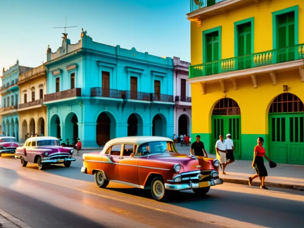 Una calle cubana bulliciosa con arquitectura colorida, autos clásicos y residentes locales