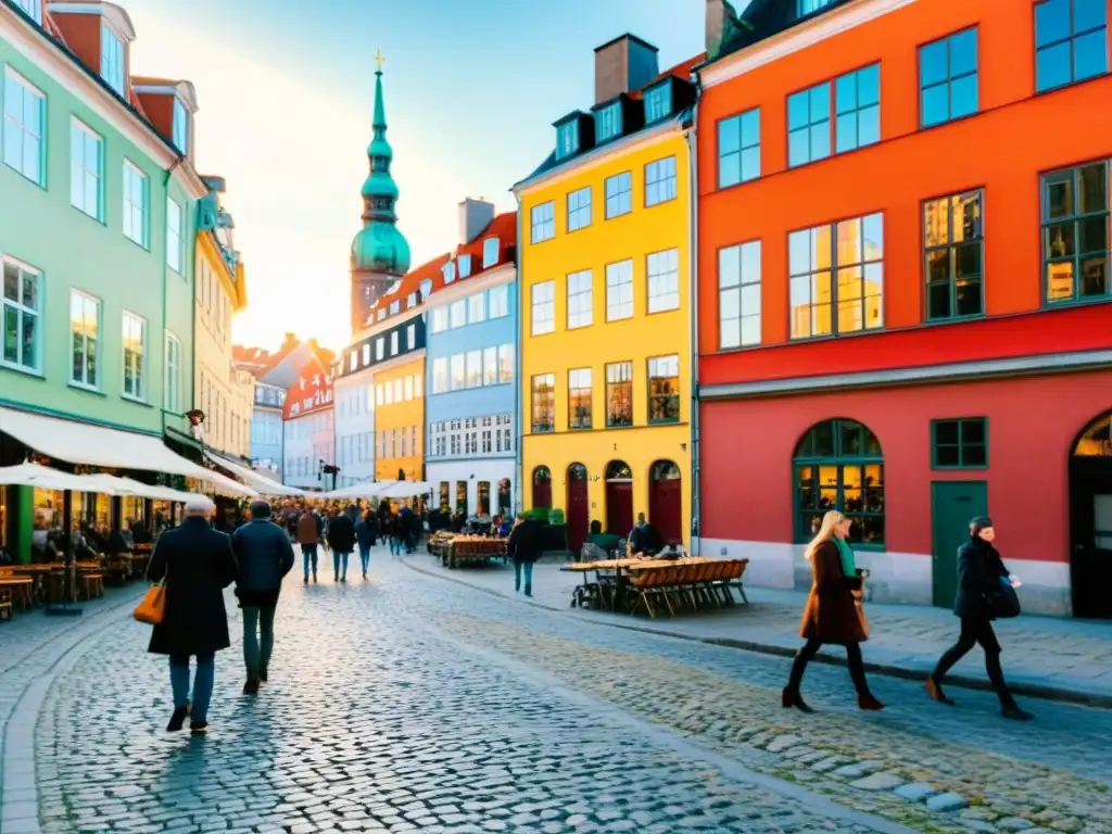 Una calle empedrada en Copenhague, Dinamarca, llena de edificios históricos coloridos