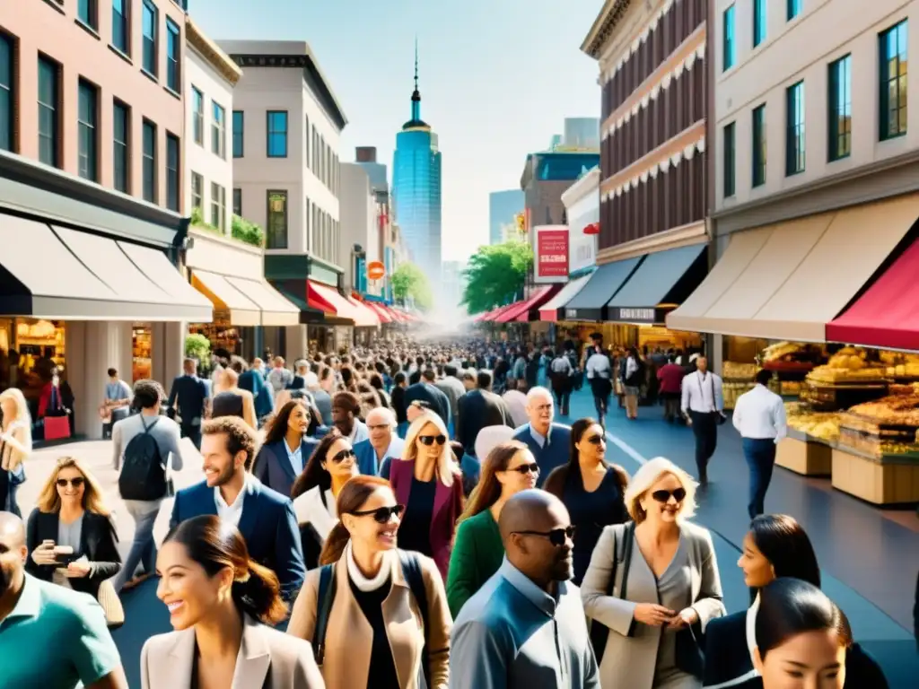 Una calle urbana bulliciosa con diversidad de consumidores interactuando éticamente con negocios