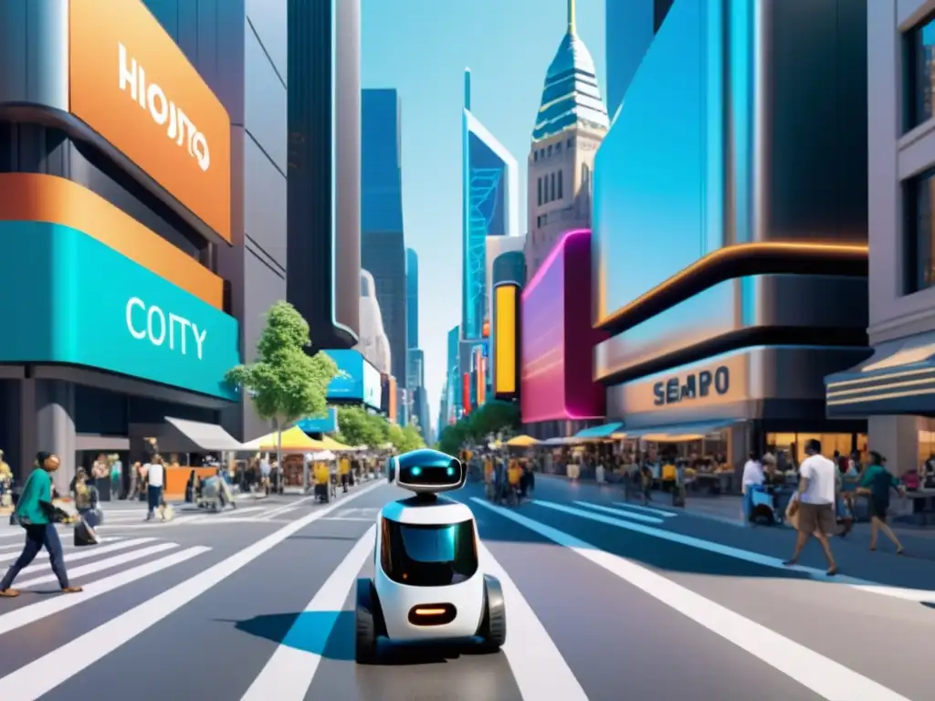 Una calle urbana bulliciosa con personas y robots IA conviviendo éticamente en armonía futurista