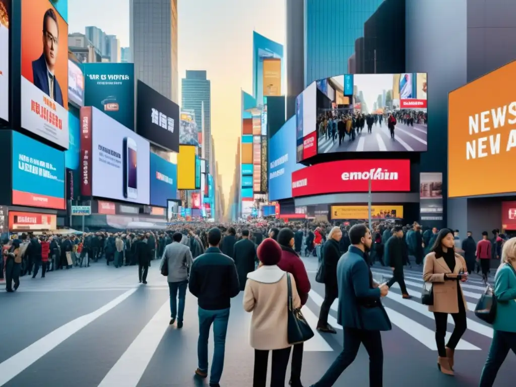 Una calle urbana llena de gente mirando sus smartphones entre anuncios y pantallas digitales