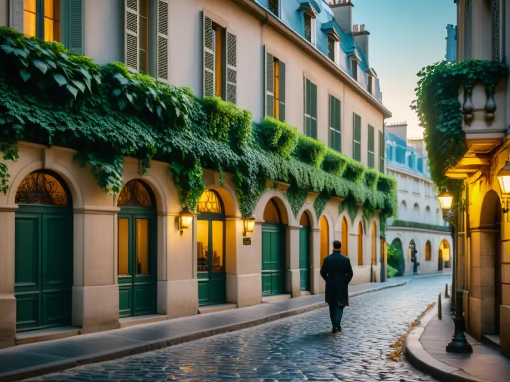 Un callejón empedrado en París, con edificios antiguos cubiertos de hiedra