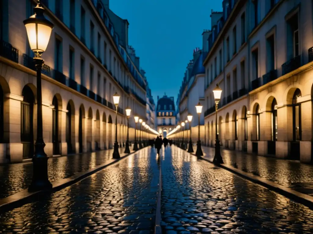 Un callejón de París iluminado por farolas vintage