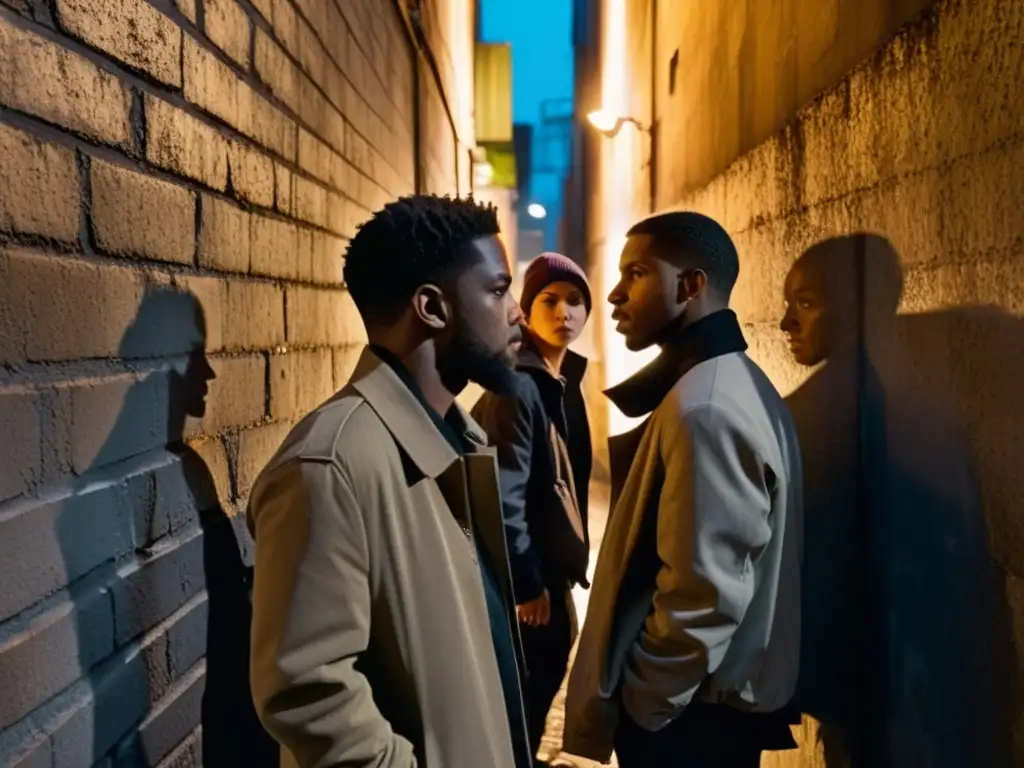 En un callejón oscuro, un grupo tiene una discusión intensa