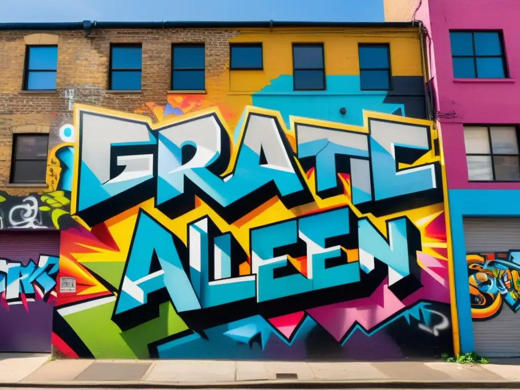Un callejón urbano caótico repleto de vibrante arte callejero, con capas de grafitis, murales y expresión artística