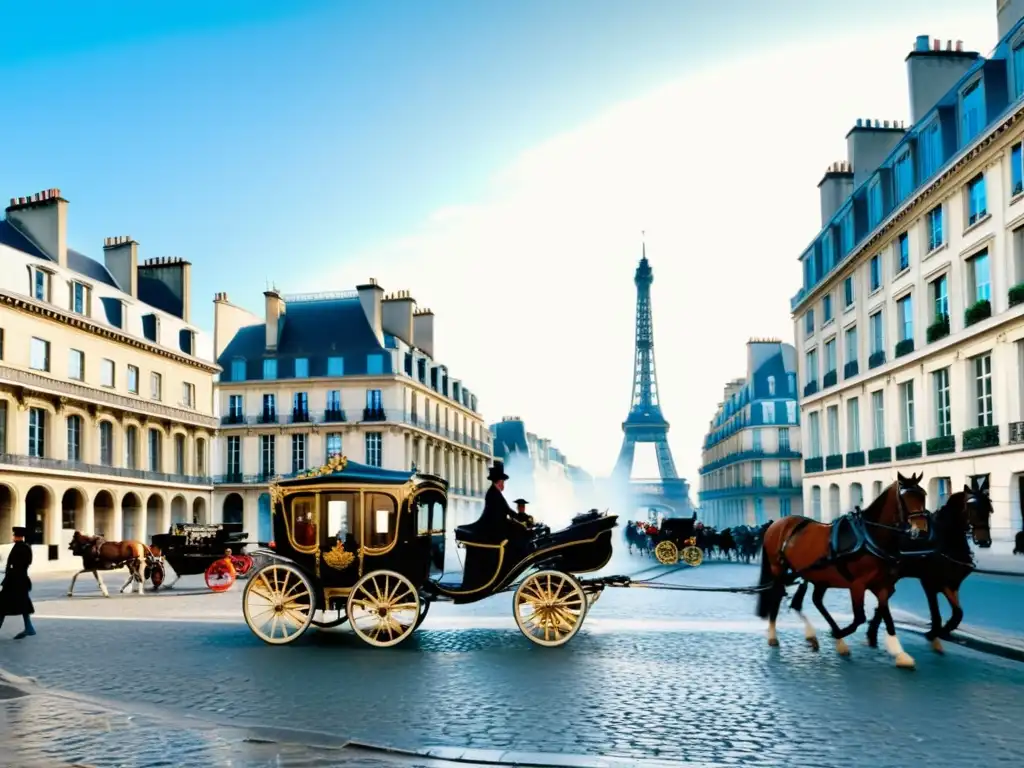La Ilustración en París: Calles bulliciosas del siglo XVIII, gente con trajes de la época, arquitectura grandiosa y carros