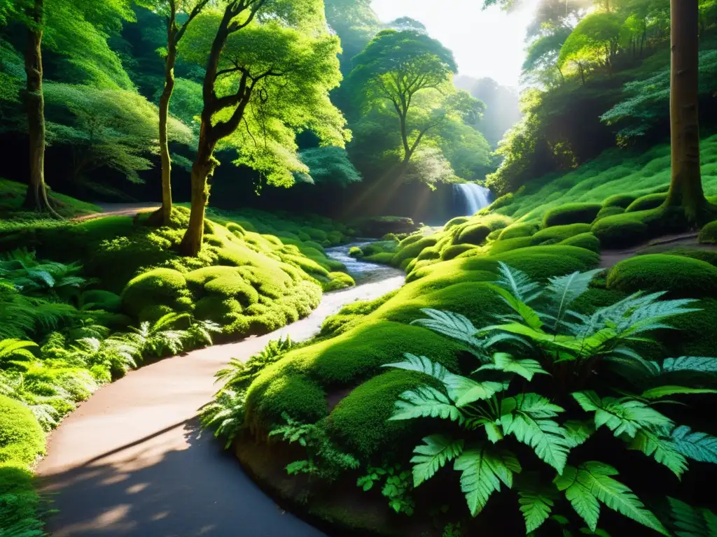 Un camino iluminado serpentea a través de un denso bosque, con luz solar filtrándose entre las hojas y creando sombras moteadas en el suelo