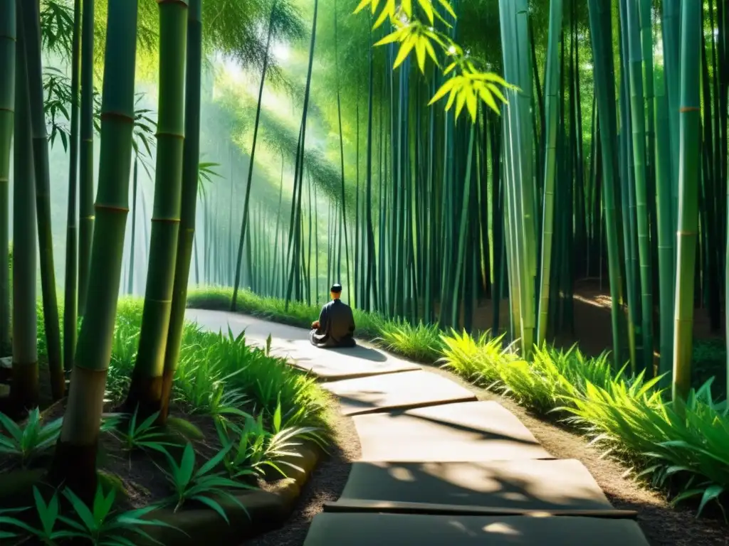 Camino de piedra en bosque de bambú, con maestro taoísta meditando en claridad serena