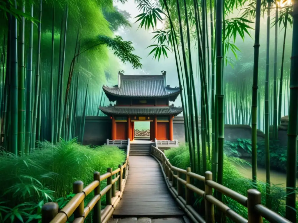 Un camino serpenteante entre altos bambúes con una puerta china tradicional al fondo