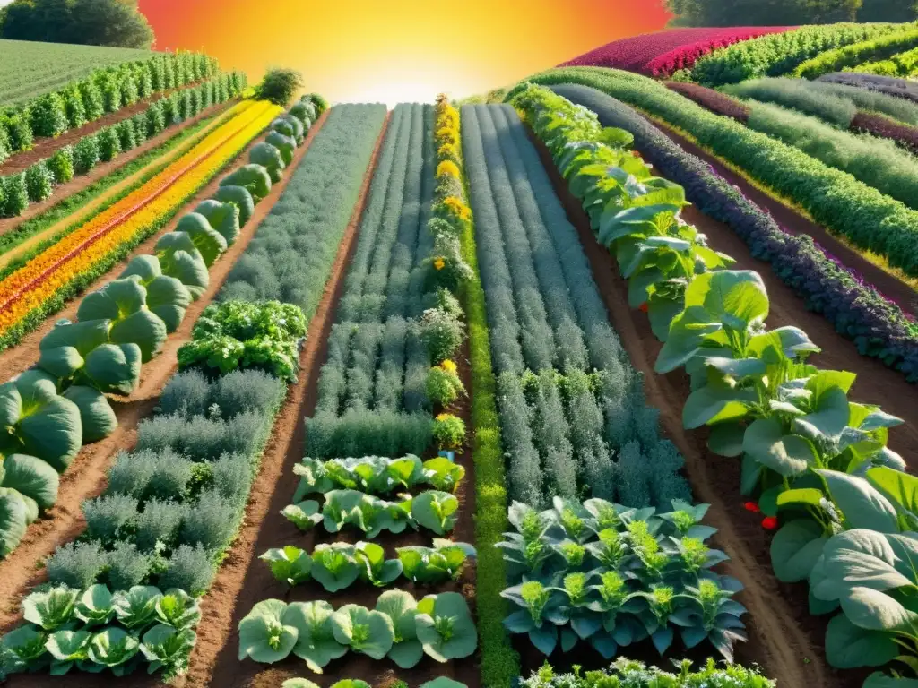 Un campo orgánico vibrante con hileras de vegetales coloridos, frutas y hierbas