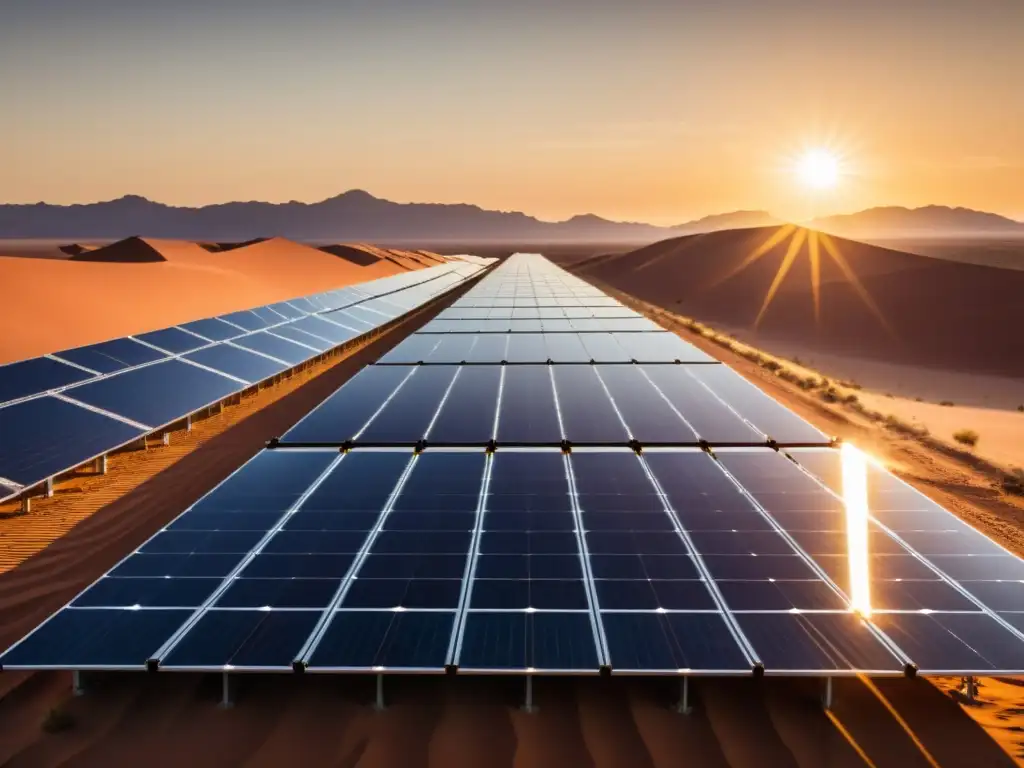 Un campo de paneles solares en el desierto al atardecer, simbolizando la unión de ética ambiental y tecnología renovable