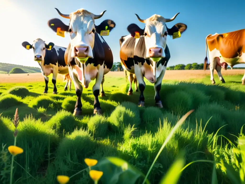 Un campo soleado donde las vacas pastan tranquilamente, capturando la conexión con la ética de la justicia hacia animales