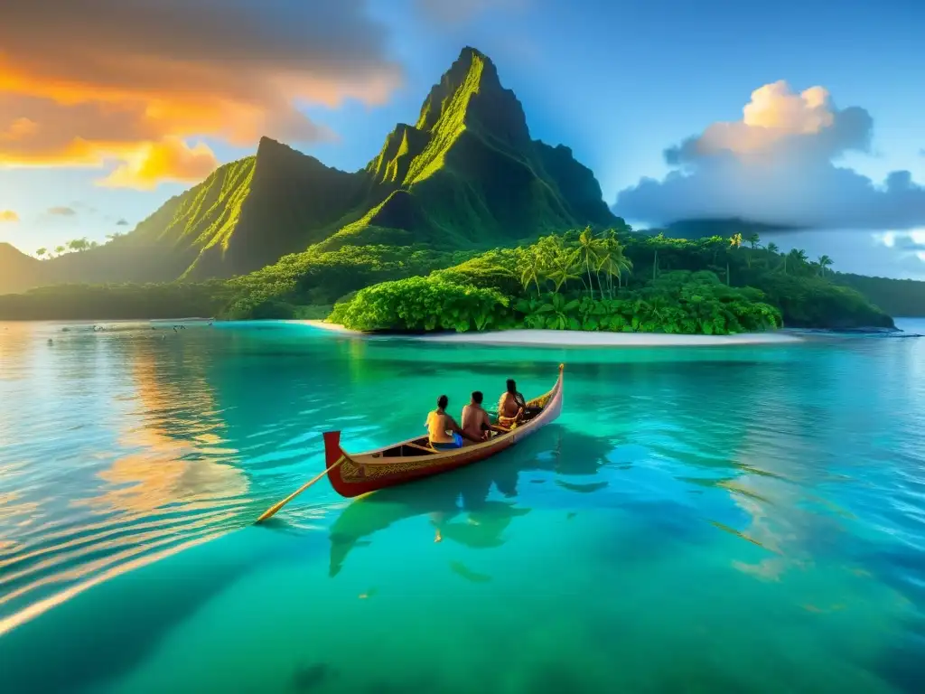 Un canoa tradicional de Oceanía navega en aguas cristalinas al atardecer, reflejando los mitos fundacionales de la región