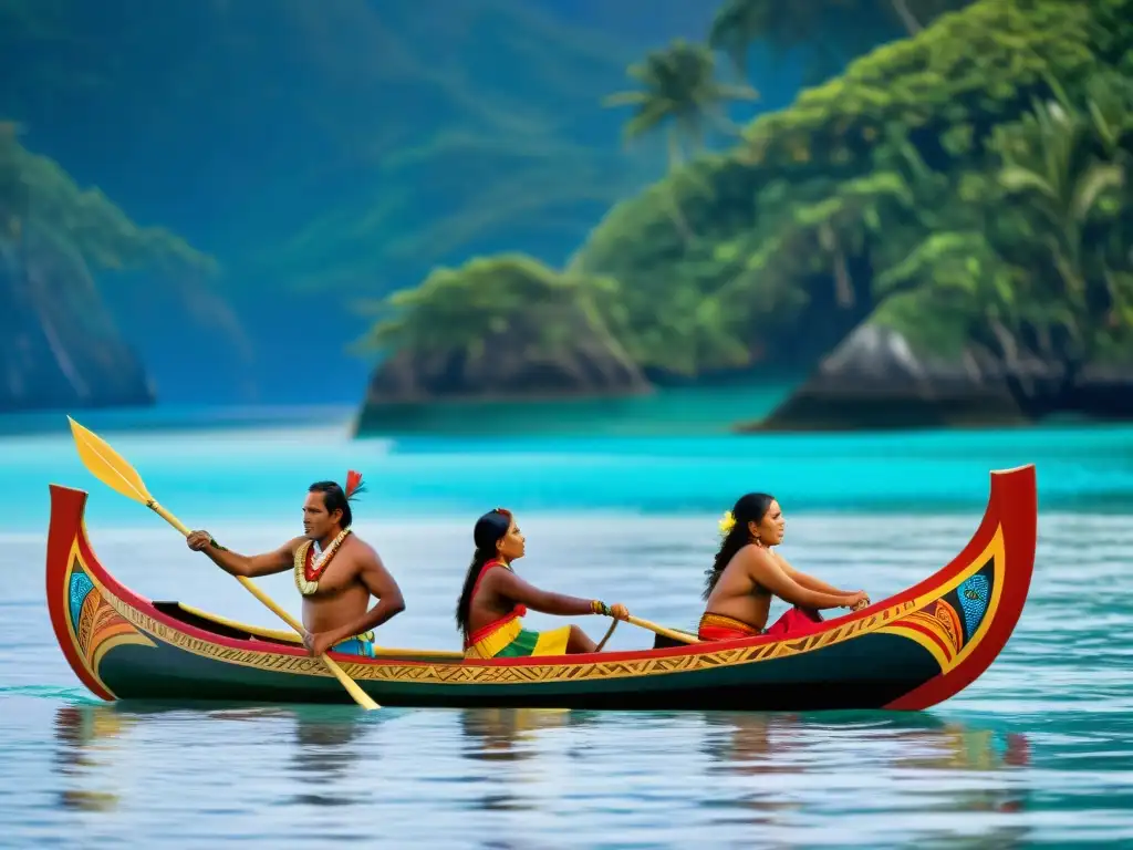 Una canoa tradicional navegando en aguas cristalinas del océano Pacífico