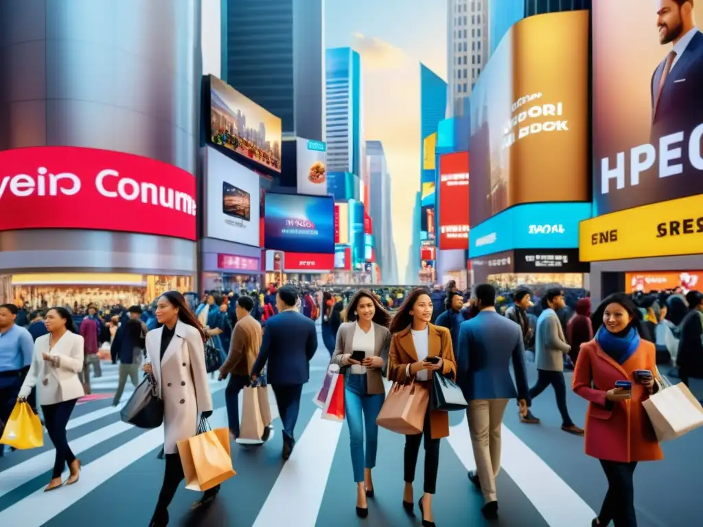 Caótica calle de la ciudad llena de rascacielos, gente con bolsas de compras y mirando sus teléfonos