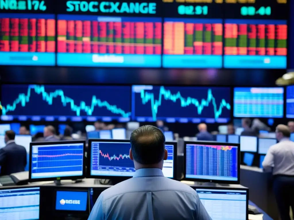 Caótico mercado bursátil con traders frenéticos y pantallas mostrando precios de acciones, reflejando la filosofía detrás burbujas económicas
