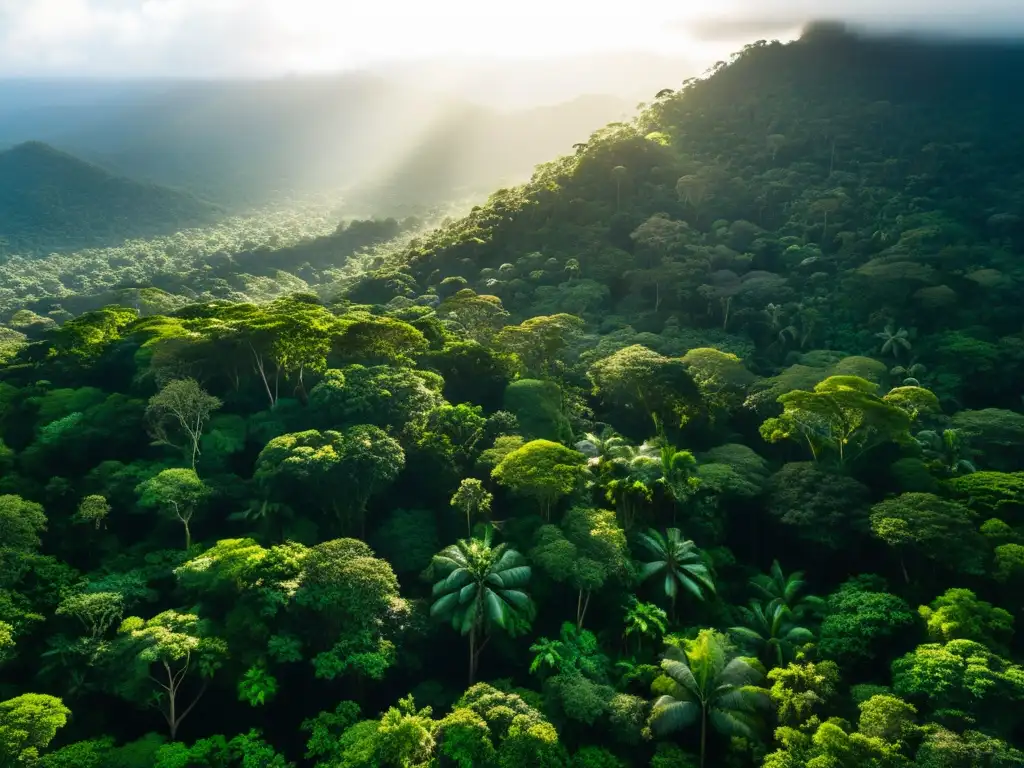 Captura aérea impactante de un exuberante dosel de selva virgen, reflejando la ecología profunda y biodiversidad global