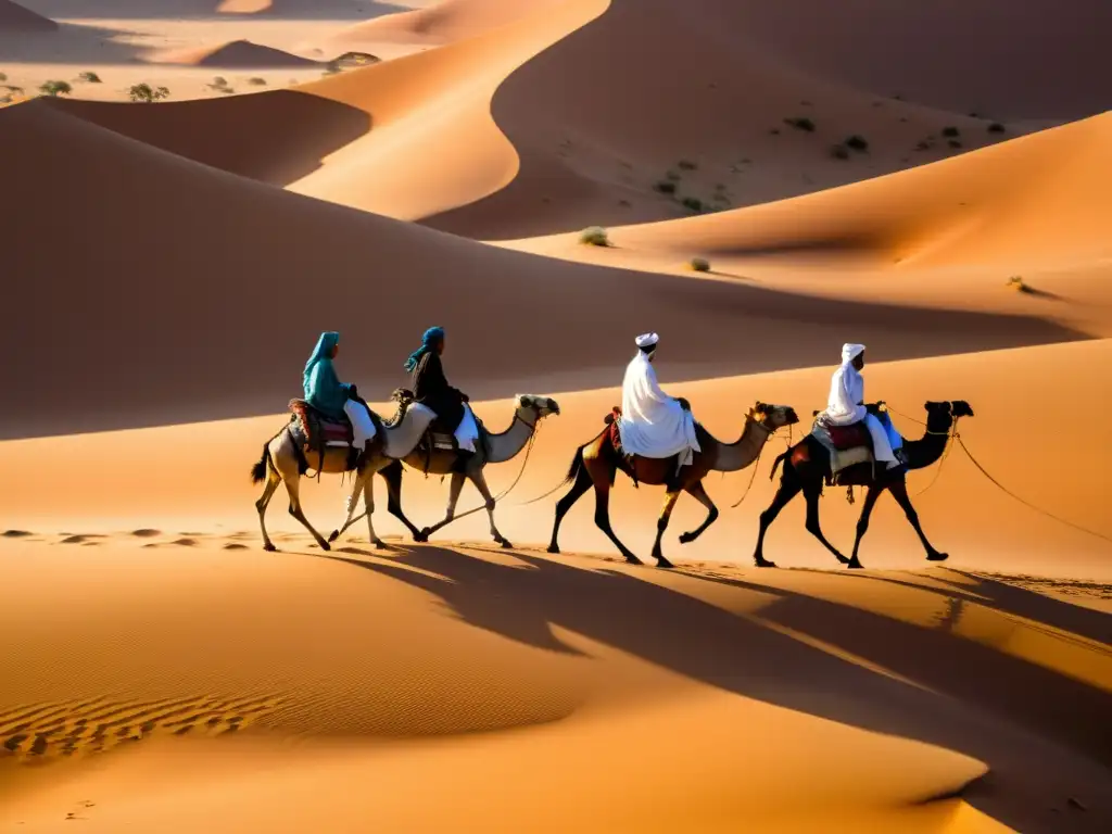 Caravana de Tuareg atraviesa el desierto del Sahara al atardecer, transmitiendo conocimiento filosófico a través de las generaciones
