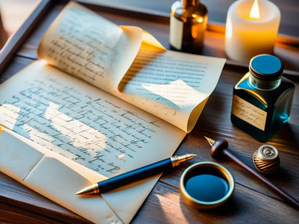 Una carta de amor manuscrita sobre un escritorio de madera antiguo, rodeada de plumas, tinteros y libros clásicos con temas filosóficos